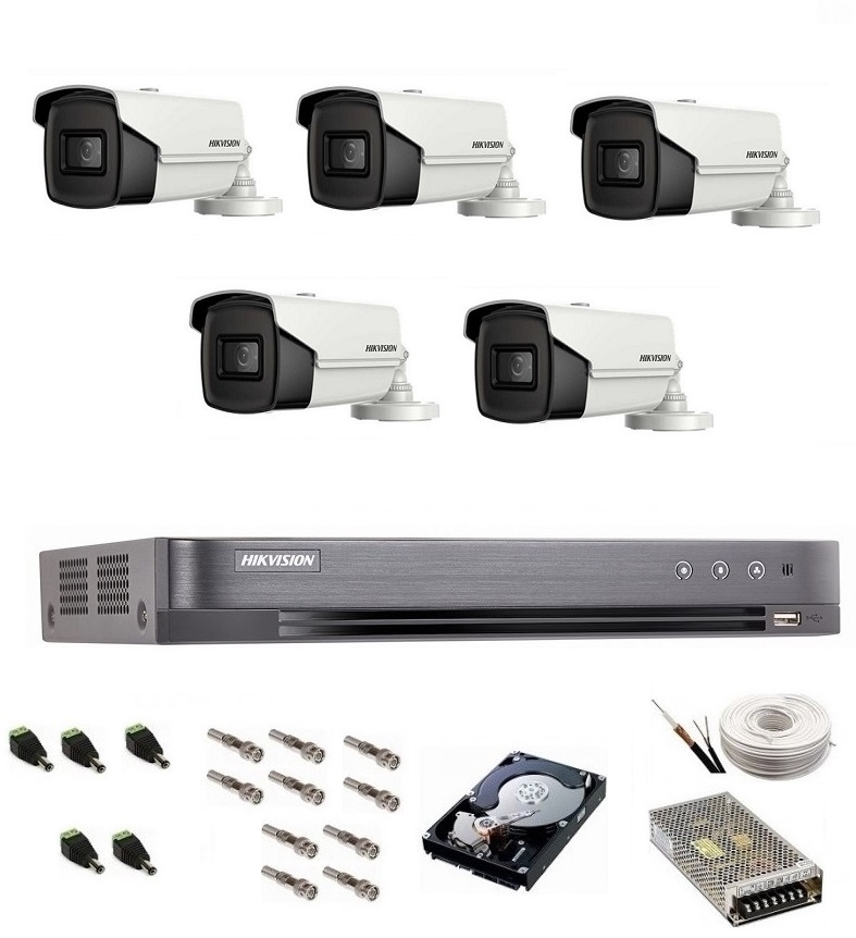 Sistem de supraveghere complet Hikvision Turbo HD, 4K / 8,3 Mp, 5 camere IR 60 m